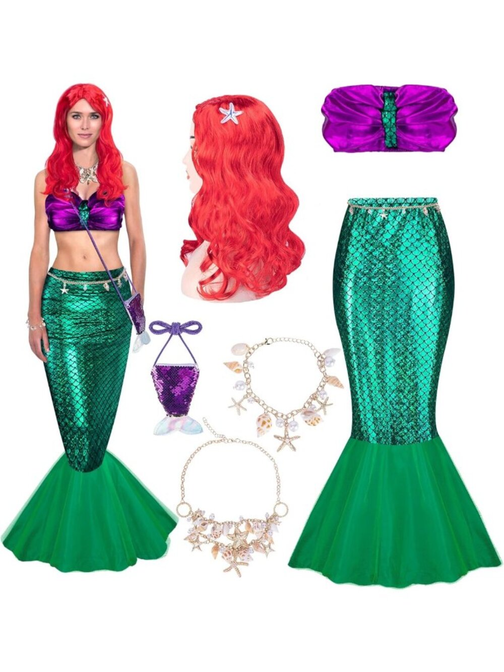 7-Pc Halloween Mermaid Costume Set: Tube Top, Skirt, Wig, Purse & Accessories
